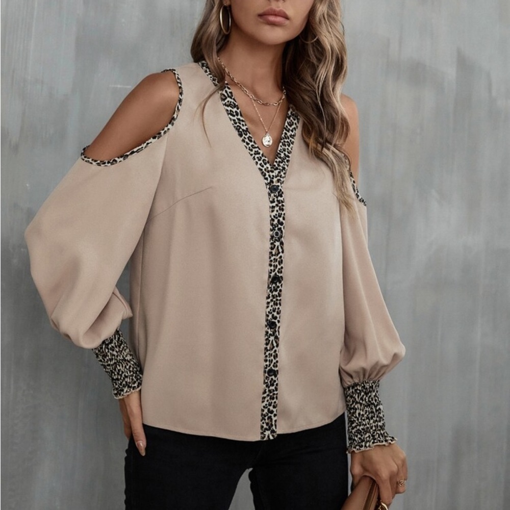 Elegant Leopard Print Smocked Cuff Long Sleeve Top Blouse Button Down Shirt - Picture 3 of 7
